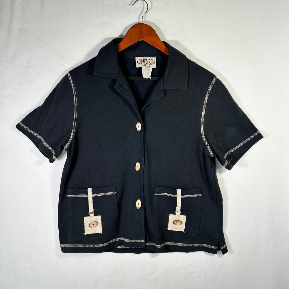 On The Rocks California Black Linen Cotton Contrast Stitch Button Up Top Medium